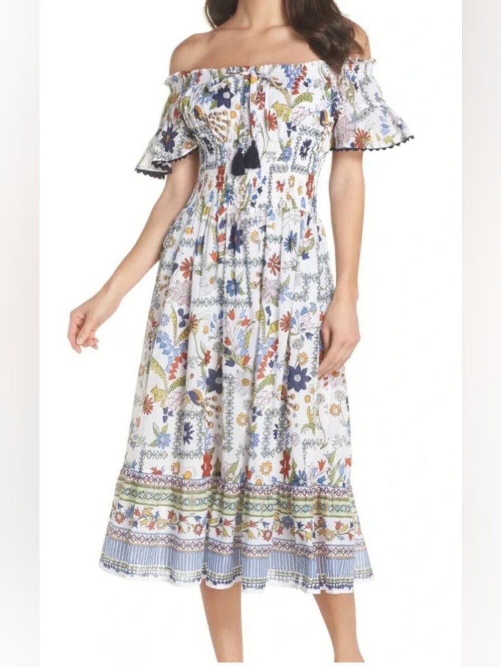 Tory Burch Meadow Folly Off-Shoulder Floral Midi Dress  Multicolor Print Size XS